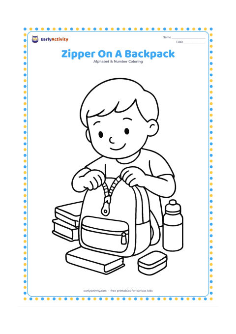 Colouring page: Draw a child opening a backpack zipper before a school day, with books, a lunch box and a water bottle arranged beside the bag. Show the zipper pull enlarged and easy to see.