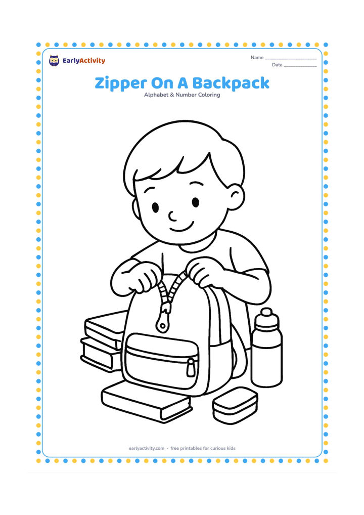 Colouring page: Draw a child opening a backpack zipper before a school day, with books, a lunch box and a water bottle arranged beside the bag. Show the zipper pull enlarged and easy to see.
