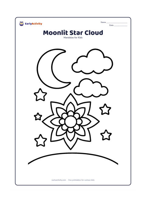 Colouring page: Place a large rounded star mandala beneath a crescent moon and two plump clouds. Add a few large, evenly spaced star shapes around it and a simple curved night-sky border.