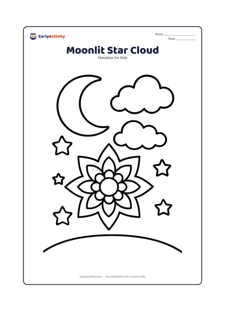 Colouring page: Place a large rounded star mandala beneath a crescent moon and two plump clouds. Add a few large, evenly spaced star shapes around it and a simple curved night-sky border.