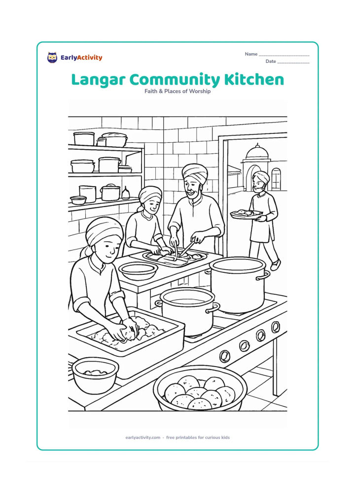 Colouring page: Show a busy but orderly langar kitchen where volunteers wash vegetables, stir large pots, arrange chapatis and carry trays toward the dining hall. Include shelves, cooking vessels, tiled…