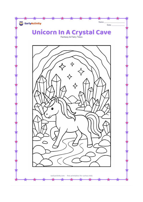 Colouring page: Draw one unicorn walking through a welcoming crystal cave with large faceted crystals, a shallow stream, rounded stones, and glowing star shapes in the opening behind it. Keep the cave…