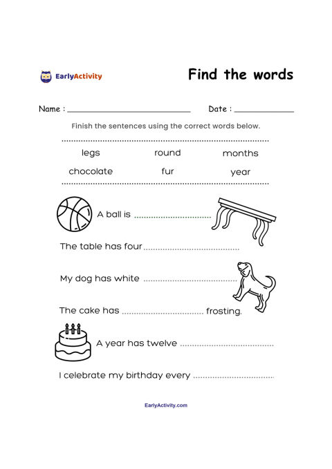 Worksheet with a word bank and six fill-in-the-blank sentences about a ball, table, dog, cake, year, and birthday.