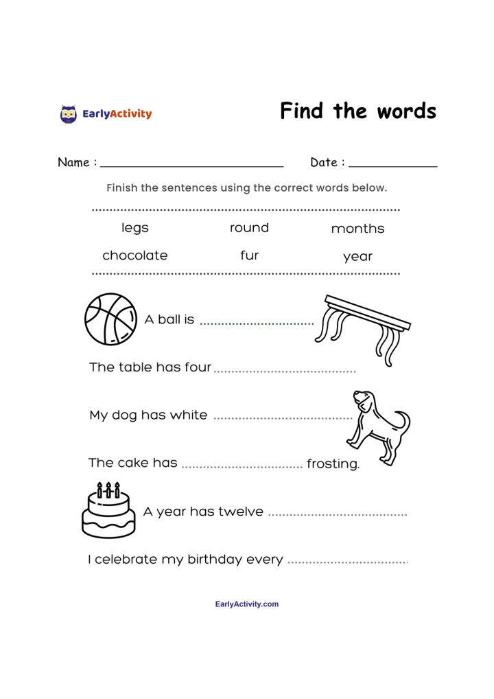 Worksheet with a word bank and six fill-in-the-blank sentences about a ball, table, dog, cake, year, and birthday.