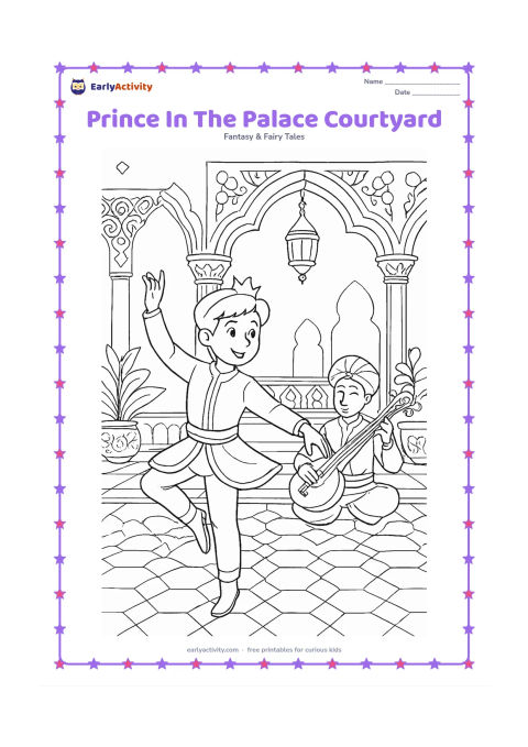 Colouring page: A prince practices a graceful dance step in an ornate palace courtyard while a court musician plays a sitar nearby. Include carved arches, patterned floor tiles, plants, and hanging…