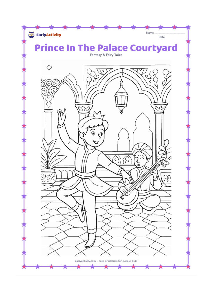 Colouring page: A prince practices a graceful dance step in an ornate palace courtyard while a court musician plays a sitar nearby. Include carved arches, patterned floor tiles, plants, and hanging…