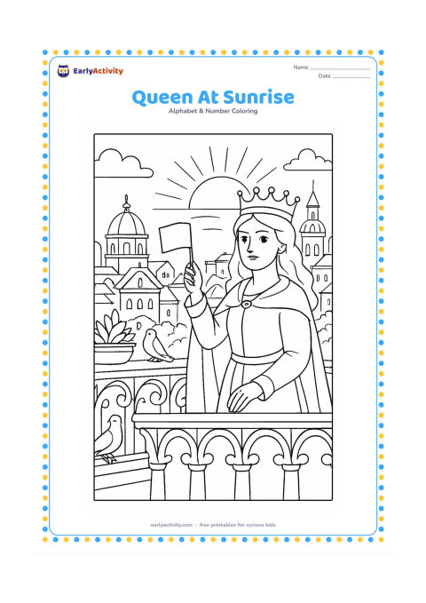 Colouring page: A queen stands on a palace balcony at sunrise, holding a small flag with no markings. Include ornate railings, domes, pigeons, rooftop plants, and layered distant city buildings.