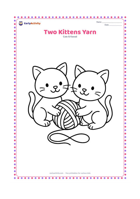 Colouring page: Draw two friendly kittens sitting together and tugging opposite ends of one large ball of yarn. Add a simple loop of yarn on the floor between them.
