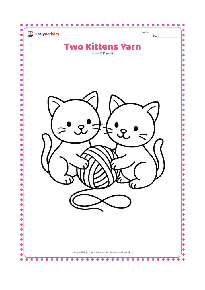 Colouring page: Draw two friendly kittens sitting together and tugging opposite ends of one large ball of yarn. Add a simple loop of yarn on the floor between them.