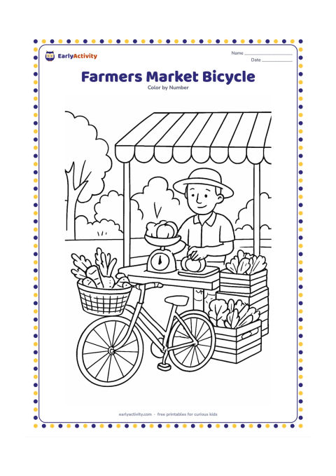 Colouring page: Draw a bicycle with a front basket of vegetables parked beside a farmer's market stall. Include a vendor weighing produce on a balance scale, stacked crates, leafy plants, a striped…