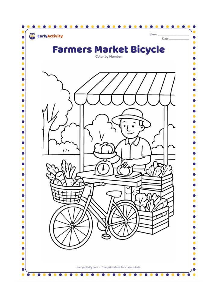 Colouring page: Draw a bicycle with a front basket of vegetables parked beside a farmer's market stall. Include a vendor weighing produce on a balance scale, stacked crates, leafy plants, a striped…