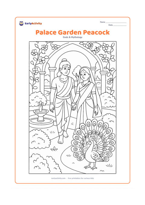 Colouring page: Ram and Sita stroll through a palace garden while a peacock spreads its tail nearby, with arched paths, trimmed bushes, fountains, and flowering vines.