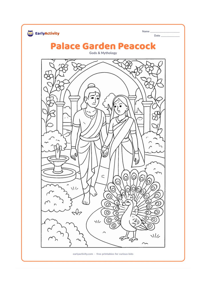 Colouring page: Ram and Sita stroll through a palace garden while a peacock spreads its tail nearby, with arched paths, trimmed bushes, fountains, and flowering vines.