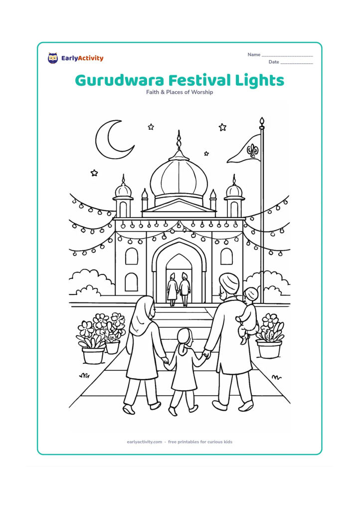 Colouring page: Show a decorated gurudwara at evening with strings of simple lamps, a bright dome, Nishan Sahib, families entering, flower arrangements and a clean courtyard. Include the moon and a few…