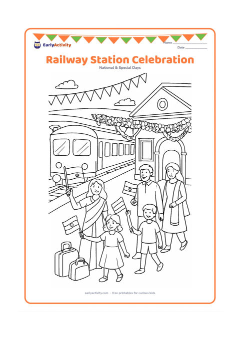 Colouring page: Draw a cheerful Indian railway platform decorated for Independence Day, with families holding flags, a stationary train, flower garlands, luggage and a station building. Leave the train,…