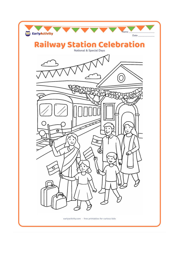 Colouring page: Draw a cheerful Indian railway platform decorated for Independence Day, with families holding flags, a stationary train, flower garlands, luggage and a station building. Leave the train,…