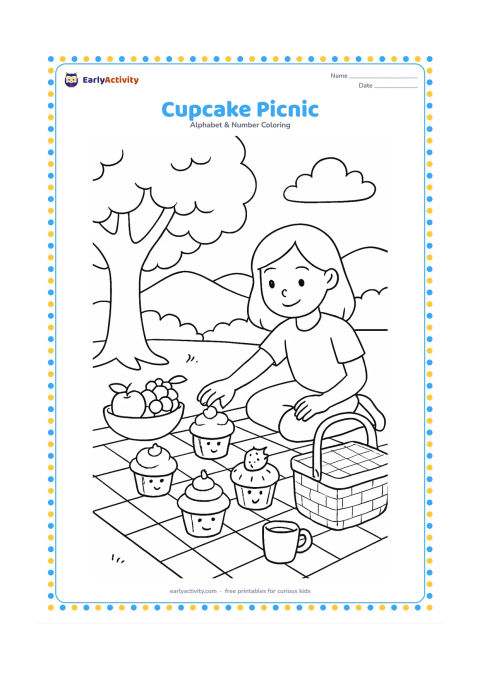 Colouring page: A family picnic blanket holds several cupcakes, a cup, a fruit bowl, and a picnic basket beneath a shady tree. Show one child reaching for a cupcake and add distant hills, with no words…