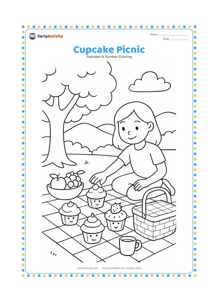 Colouring page: A family picnic blanket holds several cupcakes, a cup, a fruit bowl, and a picnic basket beneath a shady tree. Show one child reaching for a cupcake and add distant hills, with no words…