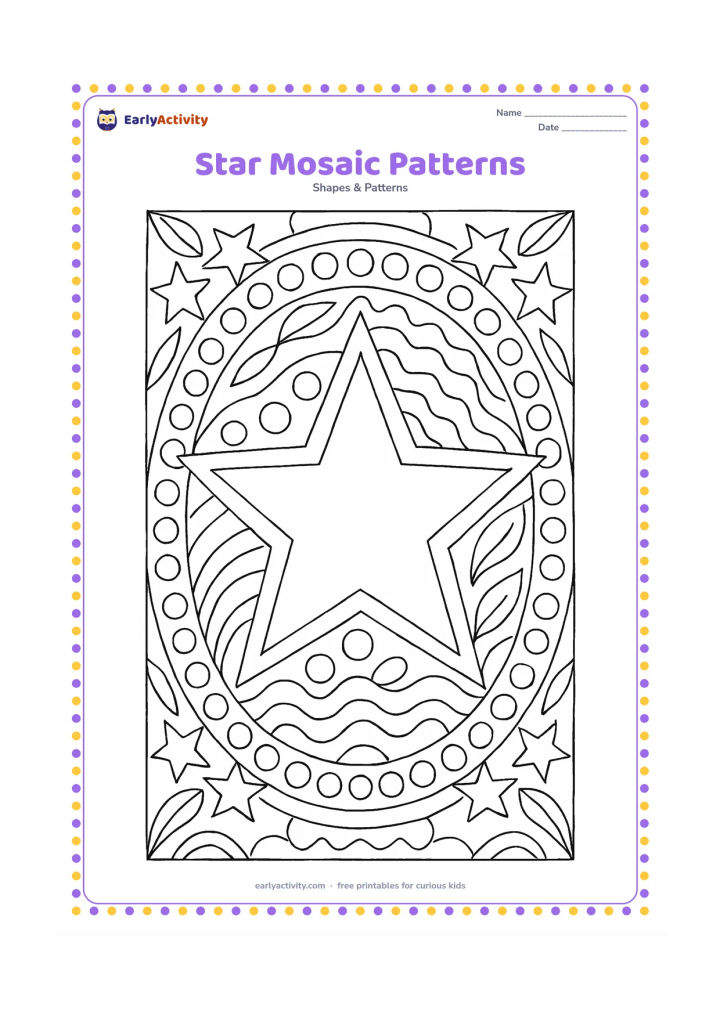 Colouring page: A large central five-point star is surrounded by alternating mosaic bands of triangles, circles, waves, leaves and smaller stars in a balanced frame.