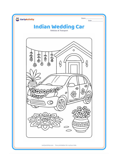 Colouring page: Draw a decorated family car parked outside a home during a festive Indian wedding scene, with a floral garland on the bonnet, simple hanging decorations, flower pots and a rangoli…