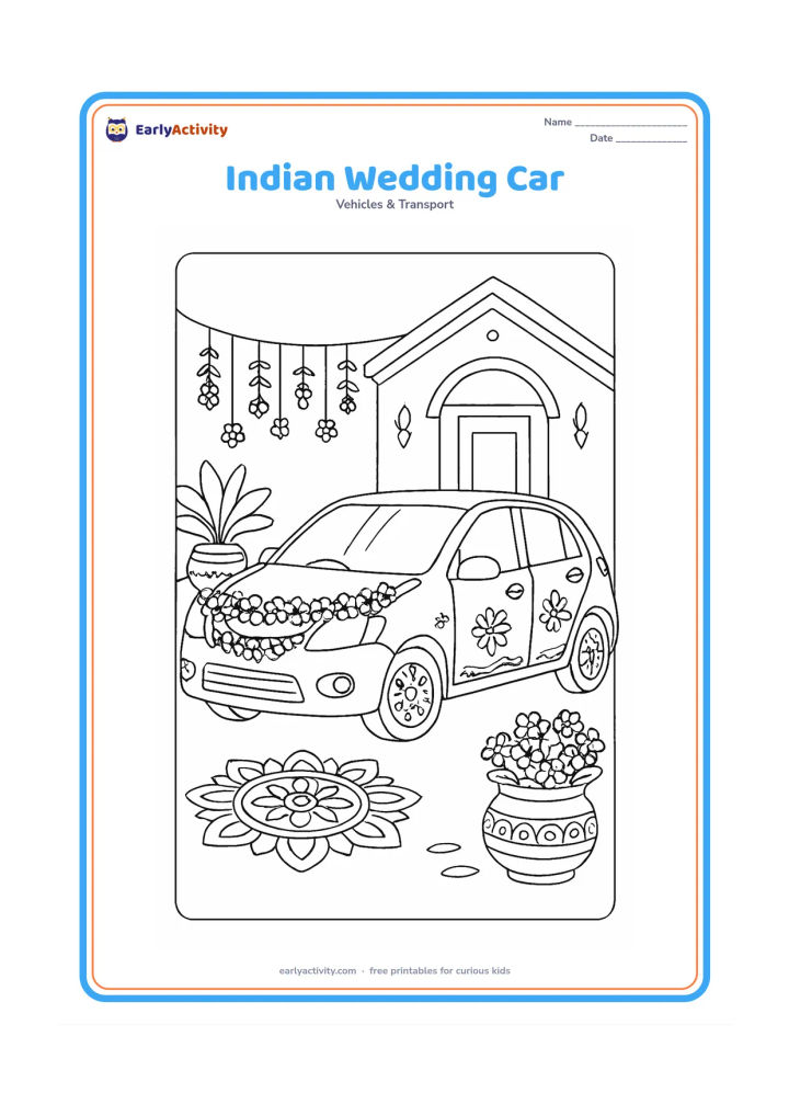 Colouring page: Draw a decorated family car parked outside a home during a festive Indian wedding scene, with a floral garland on the bonnet, simple hanging decorations, flower pots and a rangoli…