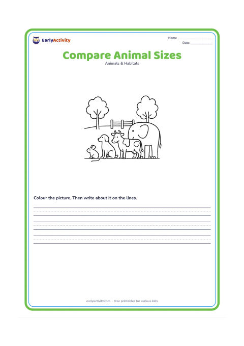 Worksheet: Place a mouse, rabbit, dog, cow and elephant on one ground line from smallest to largest, with a few simple background trees and a fence. Keep their full bodies visible for size comparison.