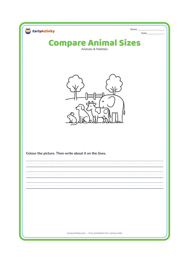 Worksheet: Place a mouse, rabbit, dog, cow and elephant on one ground line from smallest to largest, with a few simple background trees and a fence. Keep their full bodies visible for size comparison.