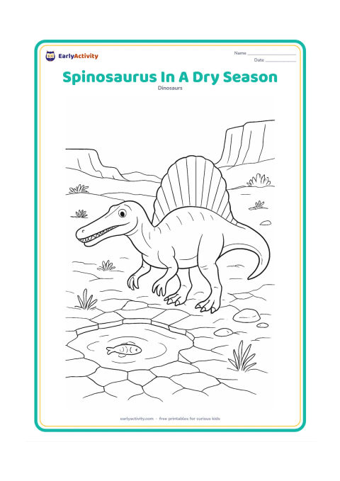 Colouring page: A Spinosaurus walks across cracked ground toward a shrinking waterhole. Show its long snout and sail, scattered dry plants, a few stones, distant cliffs and one small fish in the…