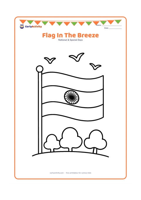 Colouring page: Draw a large Indian flag waving from a short pole, with three simple birds in the sky and a low row of rounded trees beneath it. Show the flag bands and a clear Ashoka Chakra without any…
