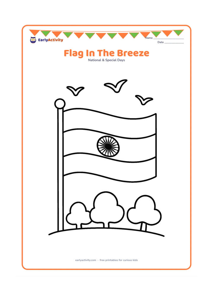 Colouring page: Draw a large Indian flag waving from a short pole, with three simple birds in the sky and a low row of rounded trees beneath it. Show the flag bands and a clear Ashoka Chakra without any…