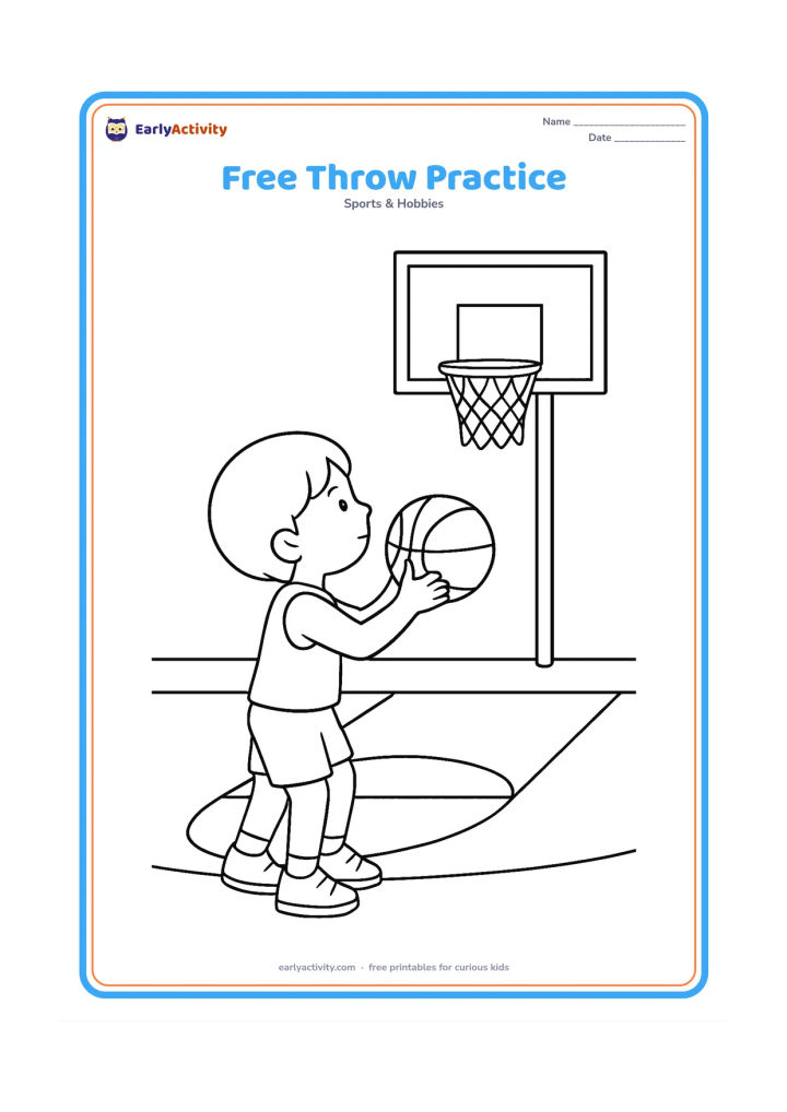 Colouring page: A focused player stands at the free-throw line with a basketball held in both hands, facing a hoop and net. Show the key area, free-throw line, and a few floor panels without any…