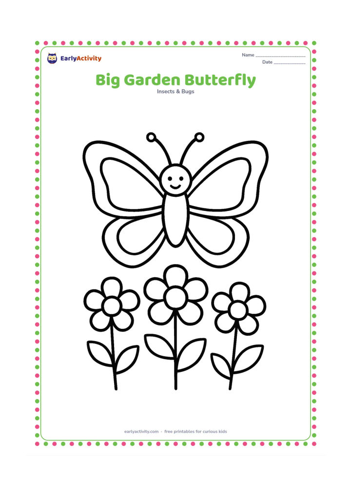 Colouring page: Draw one large friendly butterfly with broad open wings above three oversized flowers and two simple leaves. Keep the butterfly and flowers centered with plenty of empty space around them.