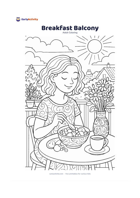 Colouring page: Show a person enjoying breakfast at a small balcony table with a bowl of fruit, a cup, and a vase of flowers. Add potted herbs, a railing, distant rooftops, and a bright morning sky.