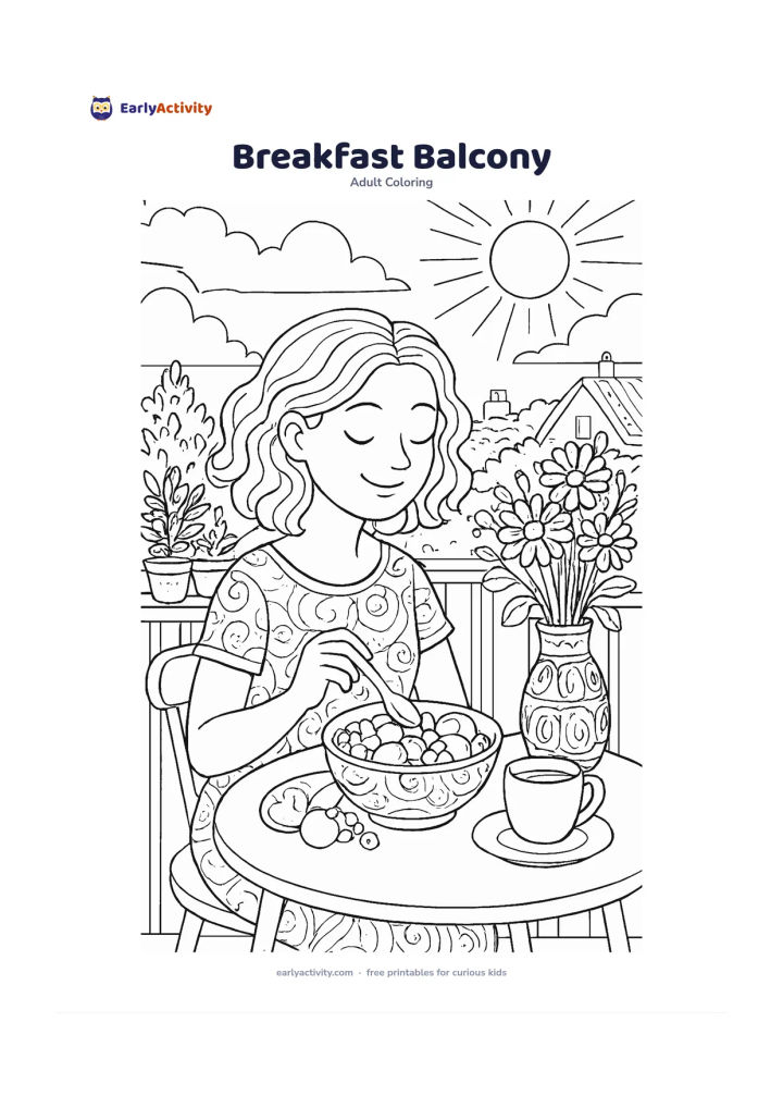Colouring page: Show a person enjoying breakfast at a small balcony table with a bowl of fruit, a cup, and a vase of flowers. Add potted herbs, a railing, distant rooftops, and a bright morning sky.
