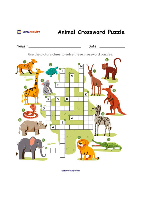Animal crossword worksheet with picture clues and a grid, featuring a tiger, turtle, monkey, giraffe, kangaroo, zebra, elephant, lion and crocodile.