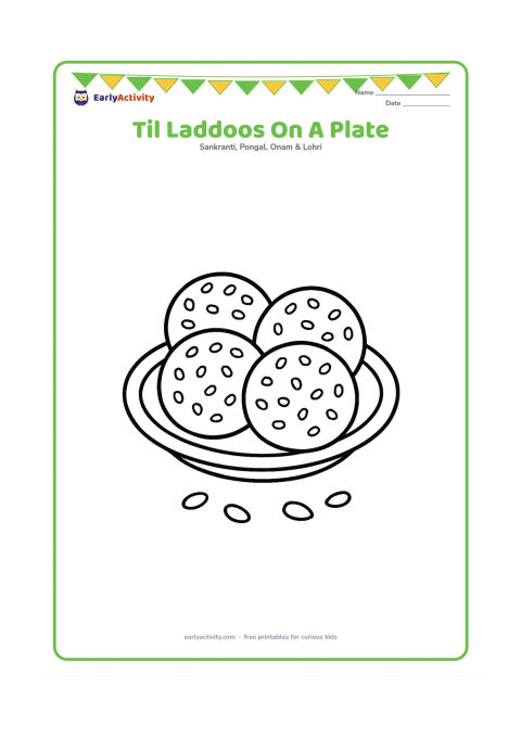 Colouring page: Four round sesame laddoos arranged on a shallow plate, with a few large sesame seed shapes scattered beside the plate.