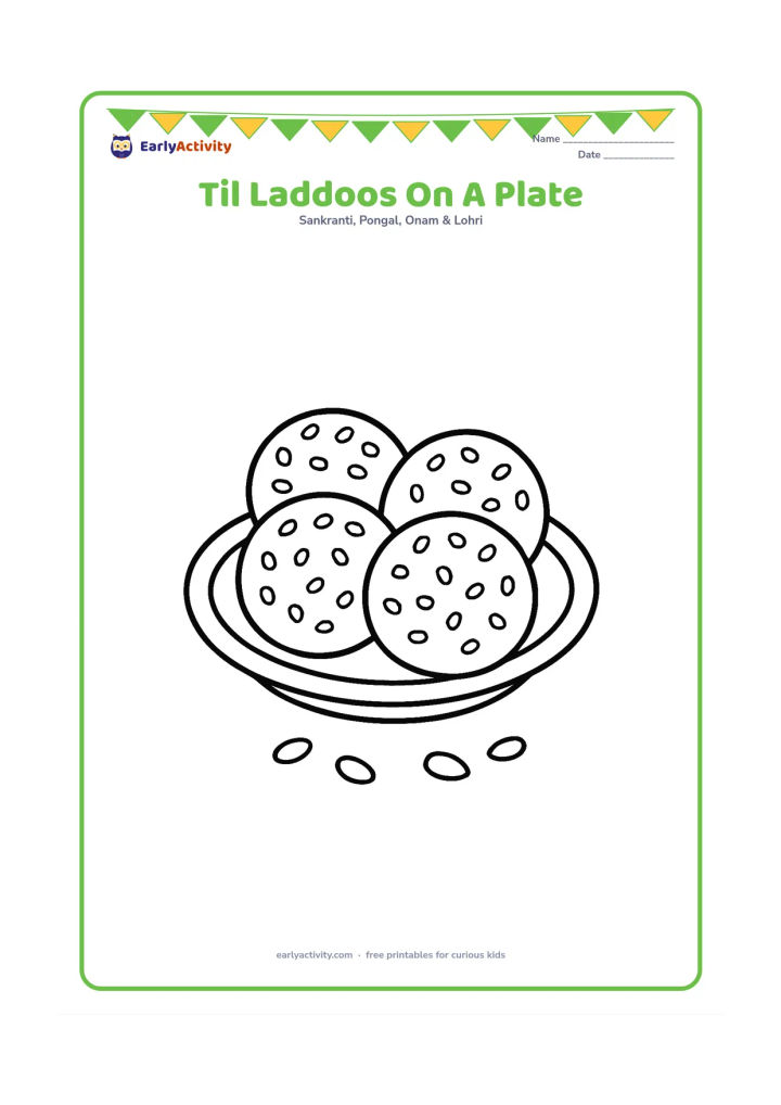 Colouring page: Four round sesame laddoos arranged on a shallow plate, with a few large sesame seed shapes scattered beside the plate.