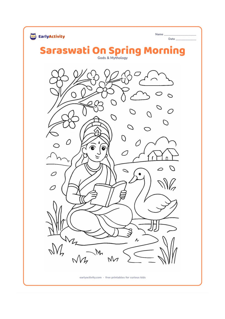 Colouring page: Saraswati sits beneath flowering branches on a bright spring morning, holding a blank book while a swan stands near a pond. Add falling petals, grass, reeds, and distant village rooftops.