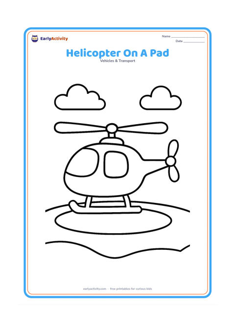 Colouring page: Draw a helicopter resting on a simple round landing pad, viewed from the side. Include large skids, broad windows, two clouds and a few smooth ground lines, but no markings or symbols on…