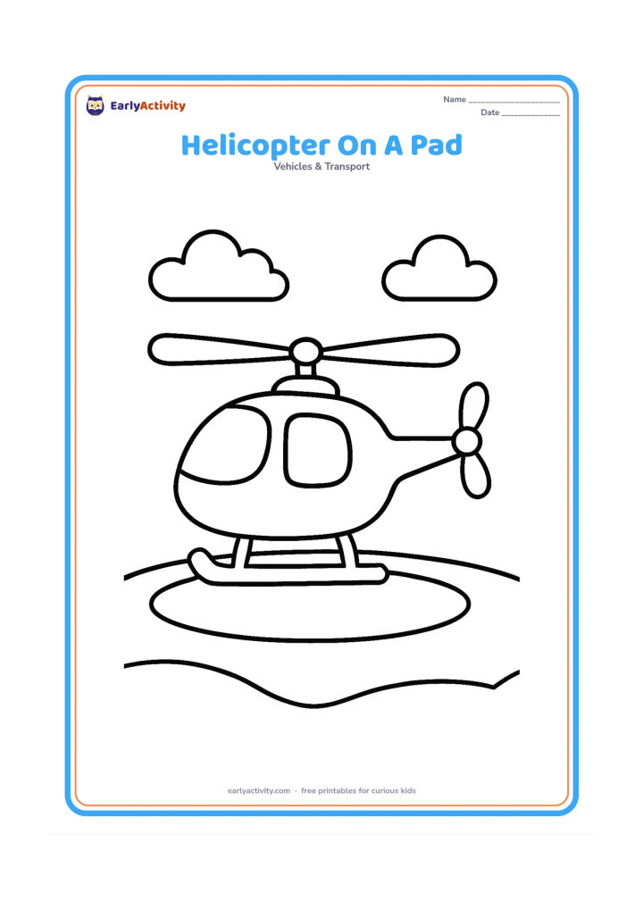 Colouring page: Draw a helicopter resting on a simple round landing pad, viewed from the side. Include large skids, broad windows, two clouds and a few smooth ground lines, but no markings or symbols on…