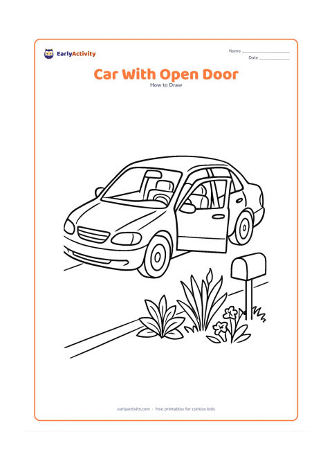 Worksheet: Show a detailed side three-quarter view of a family car with one front door open, revealing a seat, steering wheel and dashboard. Place it in a driveway beside a small garden with plants…