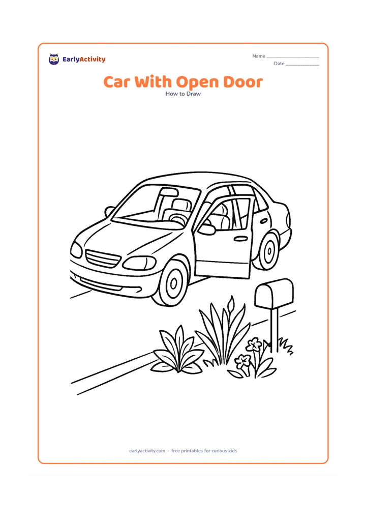 Worksheet: Show a detailed side three-quarter view of a family car with one front door open, revealing a seat, steering wheel and dashboard. Place it in a driveway beside a small garden with plants…