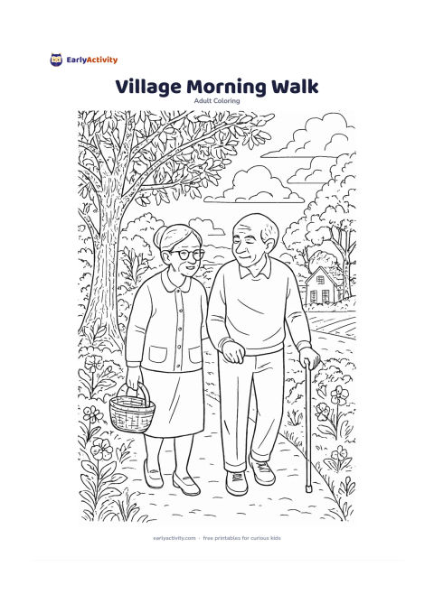 Colouring page: Draw two older friends walking together along a quiet village path, one carrying a small basket and the other holding a walking stick. Add trees, a simple house, flowering plants, and…