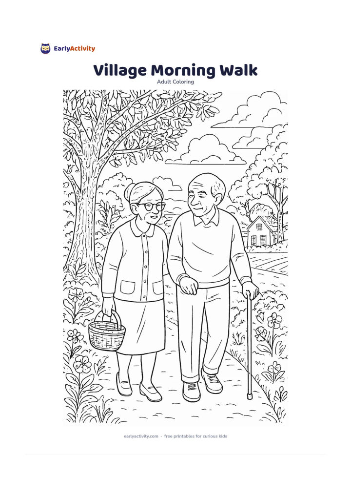 Colouring page: Draw two older friends walking together along a quiet village path, one carrying a small basket and the other holding a walking stick. Add trees, a simple house, flowering plants, and…