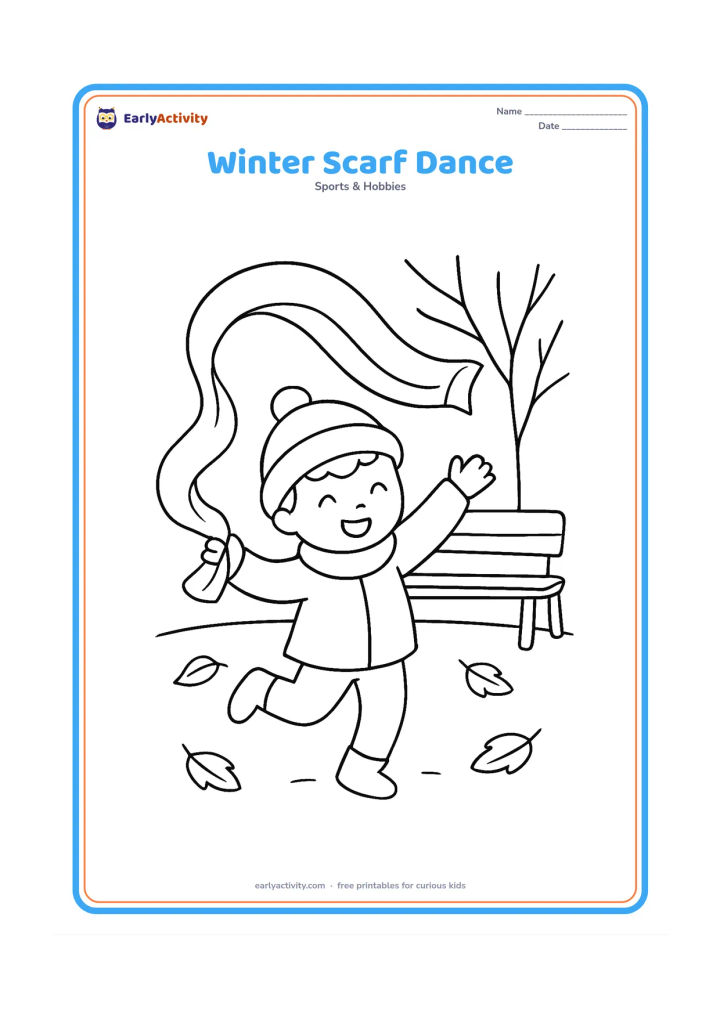 Colouring page: Draw one child dancing outdoors in winter while waving a long scarf that curves through the air. Add a park bench, bare branches, a few fallen leaves and a warm cap.