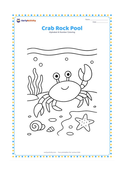 Colouring page: A crab walks sideways around a shallow rock pool containing seaweed, small shells, and a starfish. Add a curved shoreline and a few gentle bubbles.