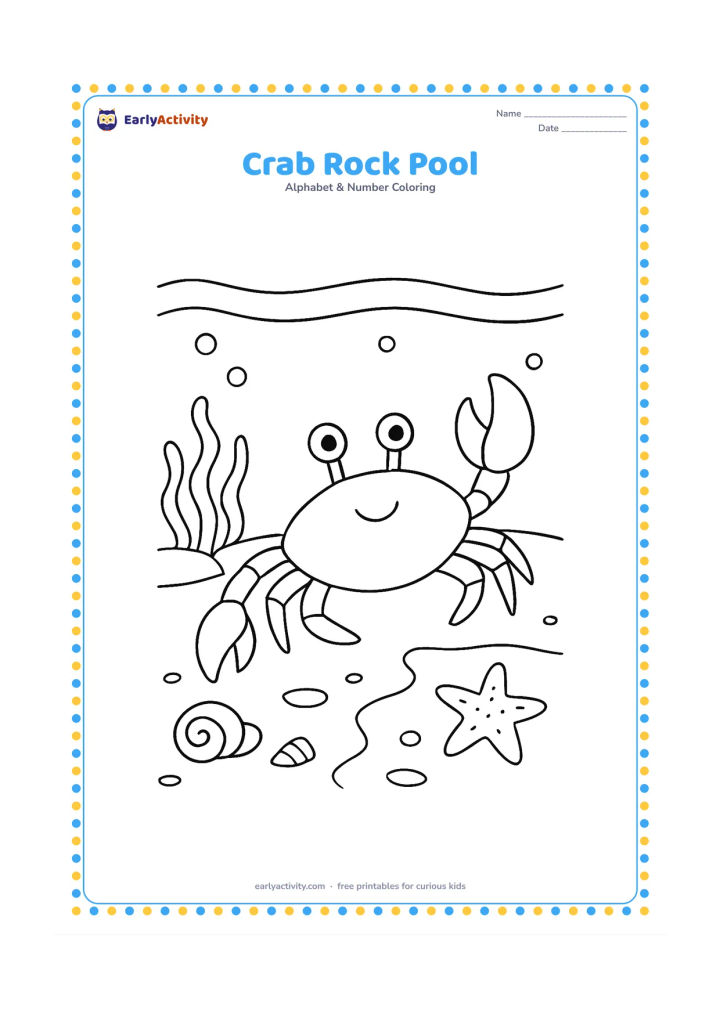 Colouring page: A crab walks sideways around a shallow rock pool containing seaweed, small shells, and a starfish. Add a curved shoreline and a few gentle bubbles.