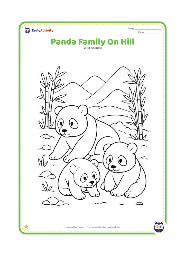 Colouring page: Draw two adult pandas and one cub resting together on a gentle mountain hillside with bamboo clumps, rocks and layered distant peaks.