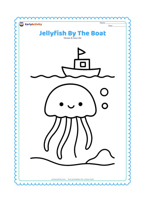 Colouring page: Draw a large jellyfish underwater beneath the outline of a small fishing boat floating on the surface. Add four long, smooth tentacles, two bubbles and a simple sea floor.