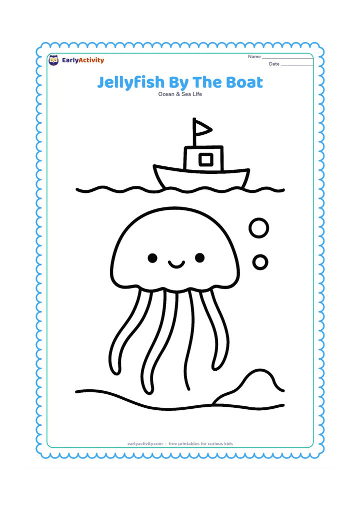 Colouring page: Draw a large jellyfish underwater beneath the outline of a small fishing boat floating on the surface. Add four long, smooth tentacles, two bubbles and a simple sea floor.